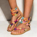 Women's ethnic beaded petal sandals with round toe and floral Roman shoe design