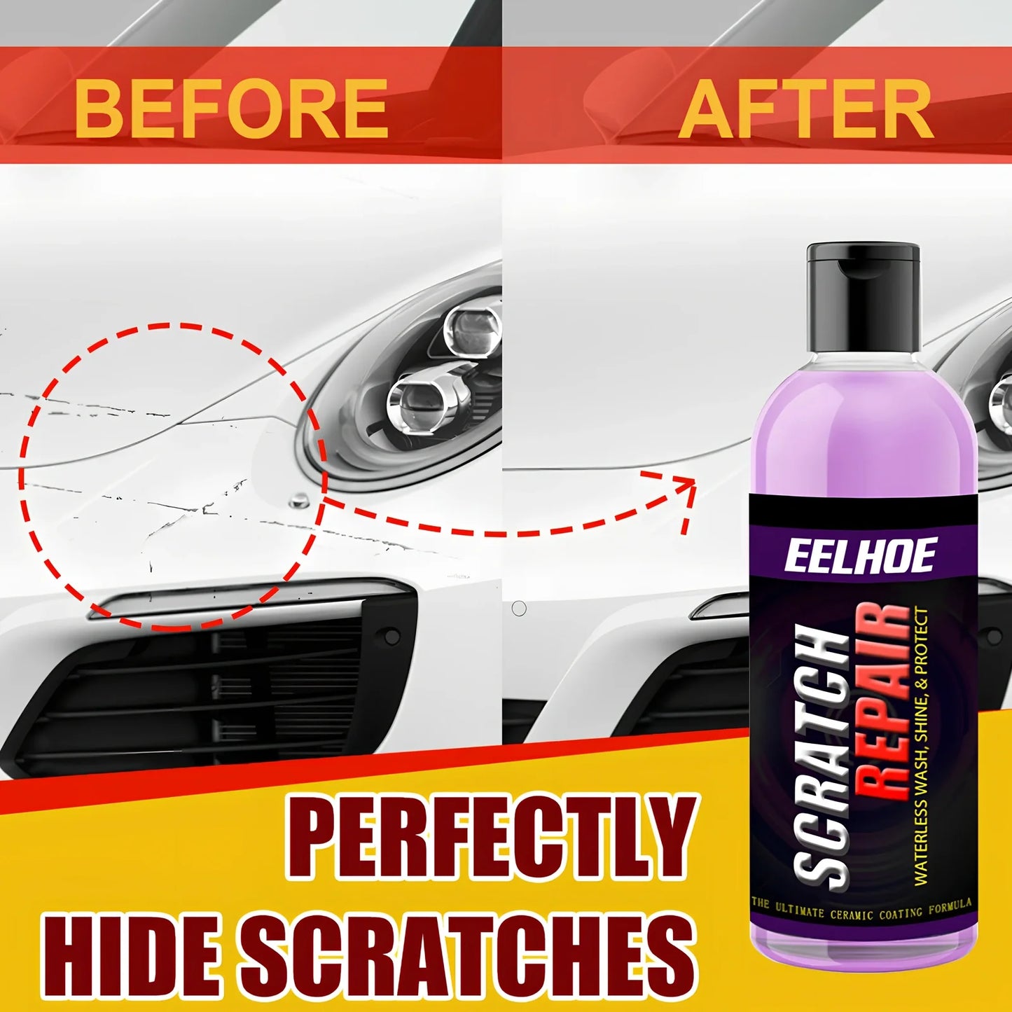 Blue bottle of 100ml car scratch repair fluid spraying on scratched vehicle panel, showing shine restoration