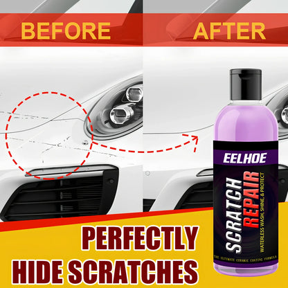 Blue bottle of 100ml car scratch repair fluid spraying on scratched vehicle panel, showing shine restoration