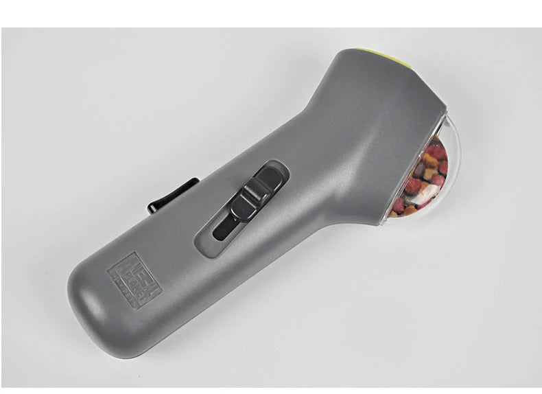 Dog Training Snack Launcher in grey, dimensions 18cm x 7.5cm x 3.5cm