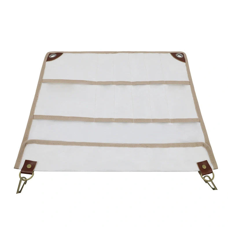 Camping tableware storage bag with 44x38cm dimensions and hanging feature for outdoor utensil organisation