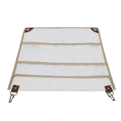 Camping tableware storage bag with 44x38cm dimensions and hanging feature for outdoor utensil organisation