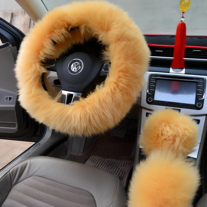 Three-piece wool steering wheel cover showing universal 38cm diameter fit with wool-cashmere blend material