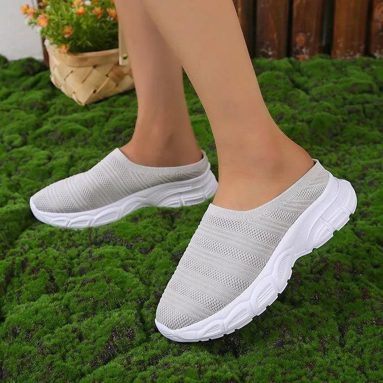 Women's casual mesh wedge heel slippers in gray, round toe, slip-on style with rubber sole