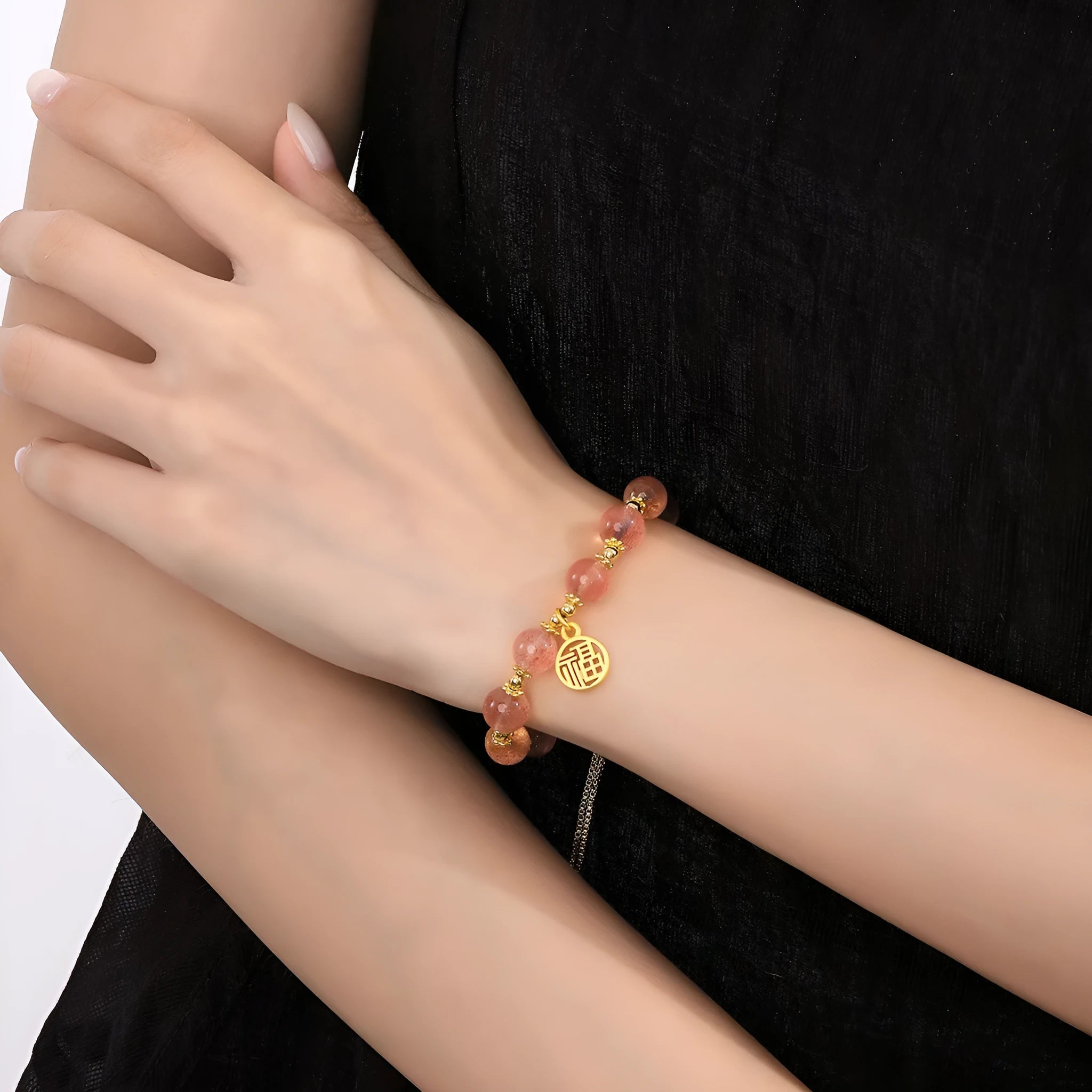 Strawberry quartz electroplated crystal bracelet with geometric fu charm