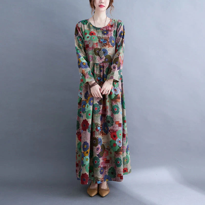 Literary inspired plus size long sleeve dress in cotton blend with unique print
