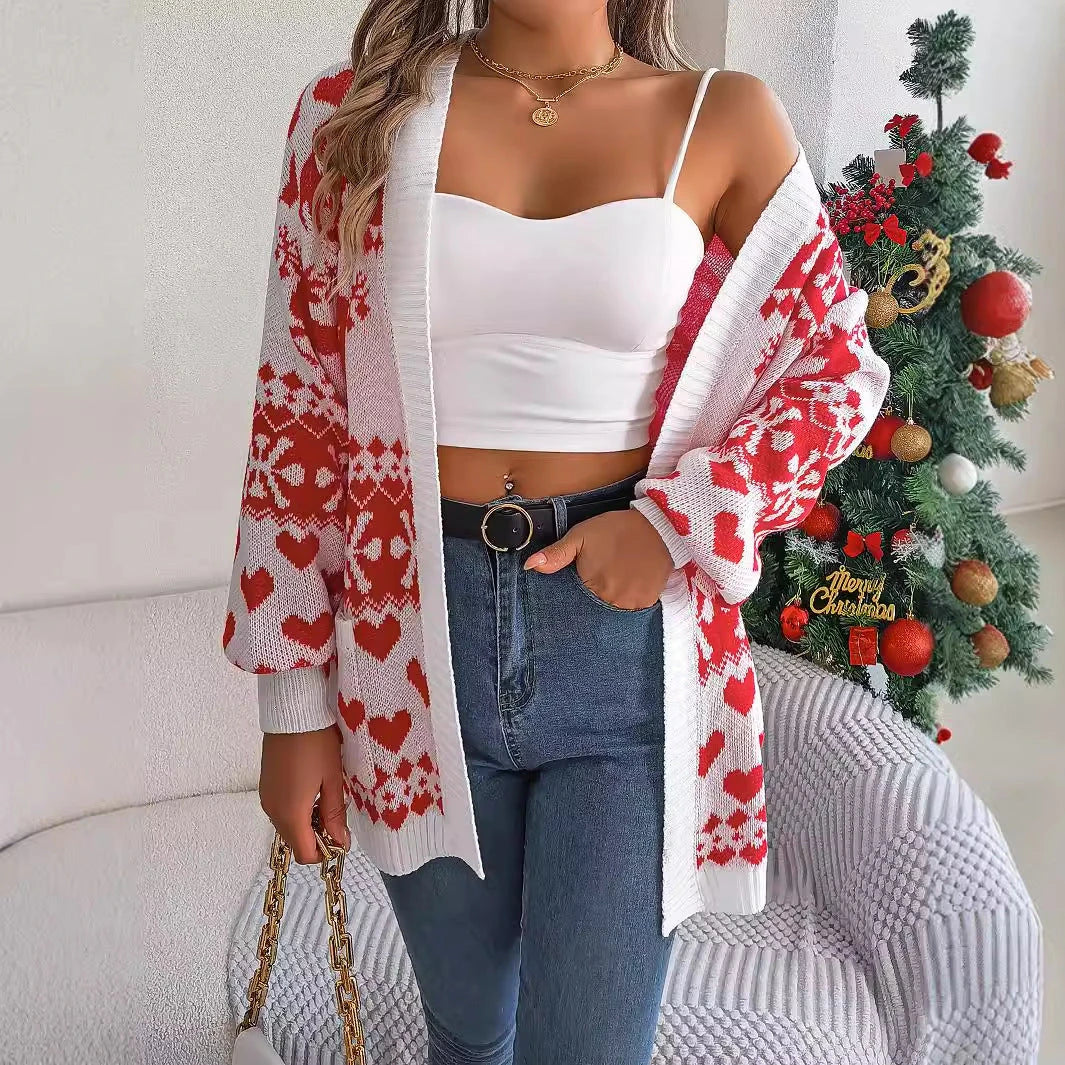 Cozy Christmas Sweater: Women's Oversized Deer Cardigan in Red, Green, and White colors