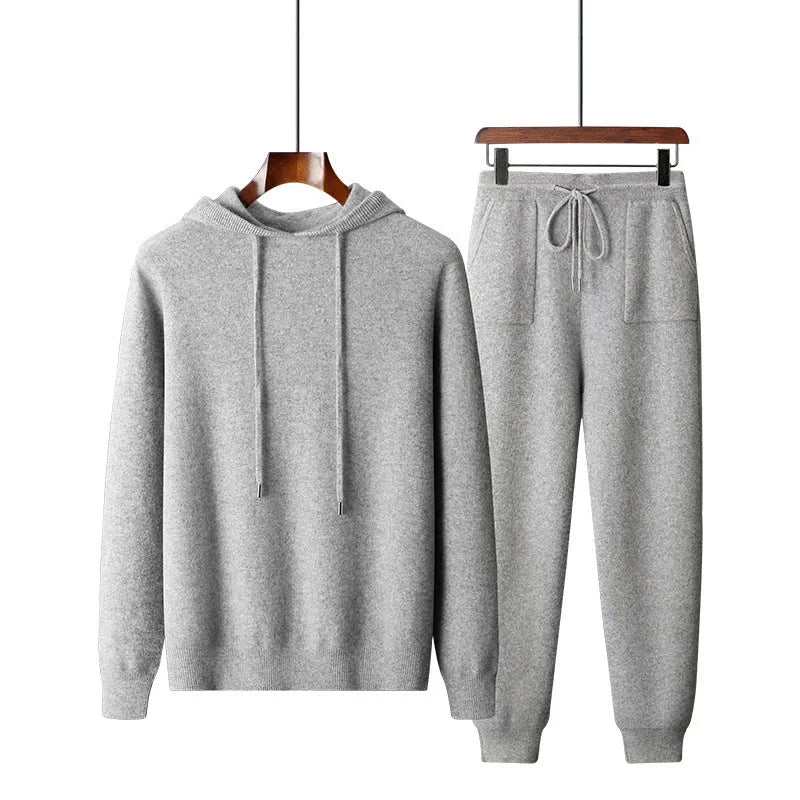 Men's light grey hooded knitted sweatshirt and matching trousers casual winter set.