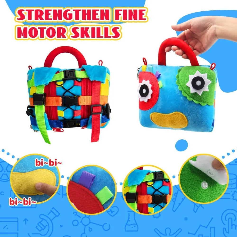 Blue owl plush toy with colour-matching release buckles for toddler early education