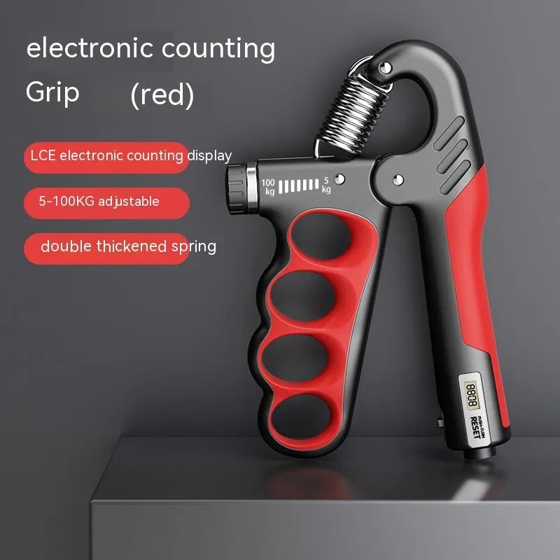Adjustable electronic count spring grip with digital display in orange, red or grey colour options