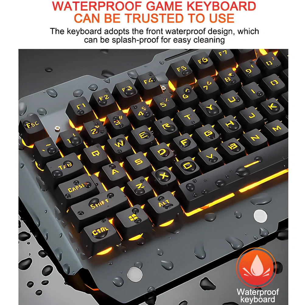 Black wired gaming keyboard with RGB backlight, 45.5 cm size, phone slot, and USB cable on desk