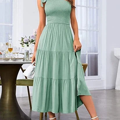 One-shoulder pleated dress with leg-revealing side slits in various colors