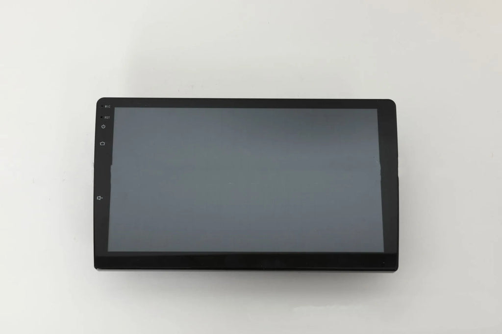Black universal 10.1 inch Android car stereo touchscreen head unit with trapezoid panel