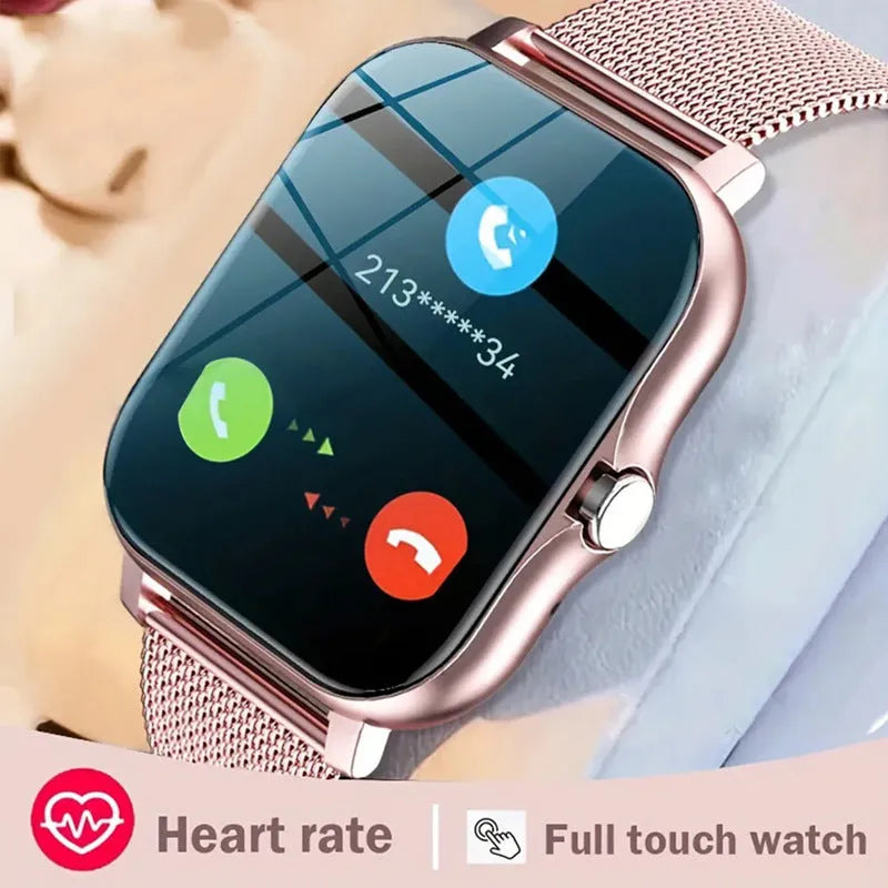 Smart watch with 1.44-inch colour touch screen and black silicone strap on a wrist