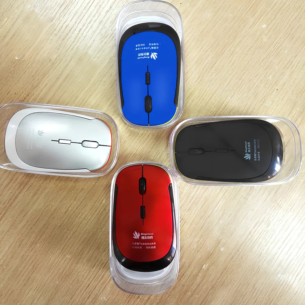 Red wireless Bluetooth optical mouse for laptops, 10x6x2cm size with 1200dpi sensor and 2m range