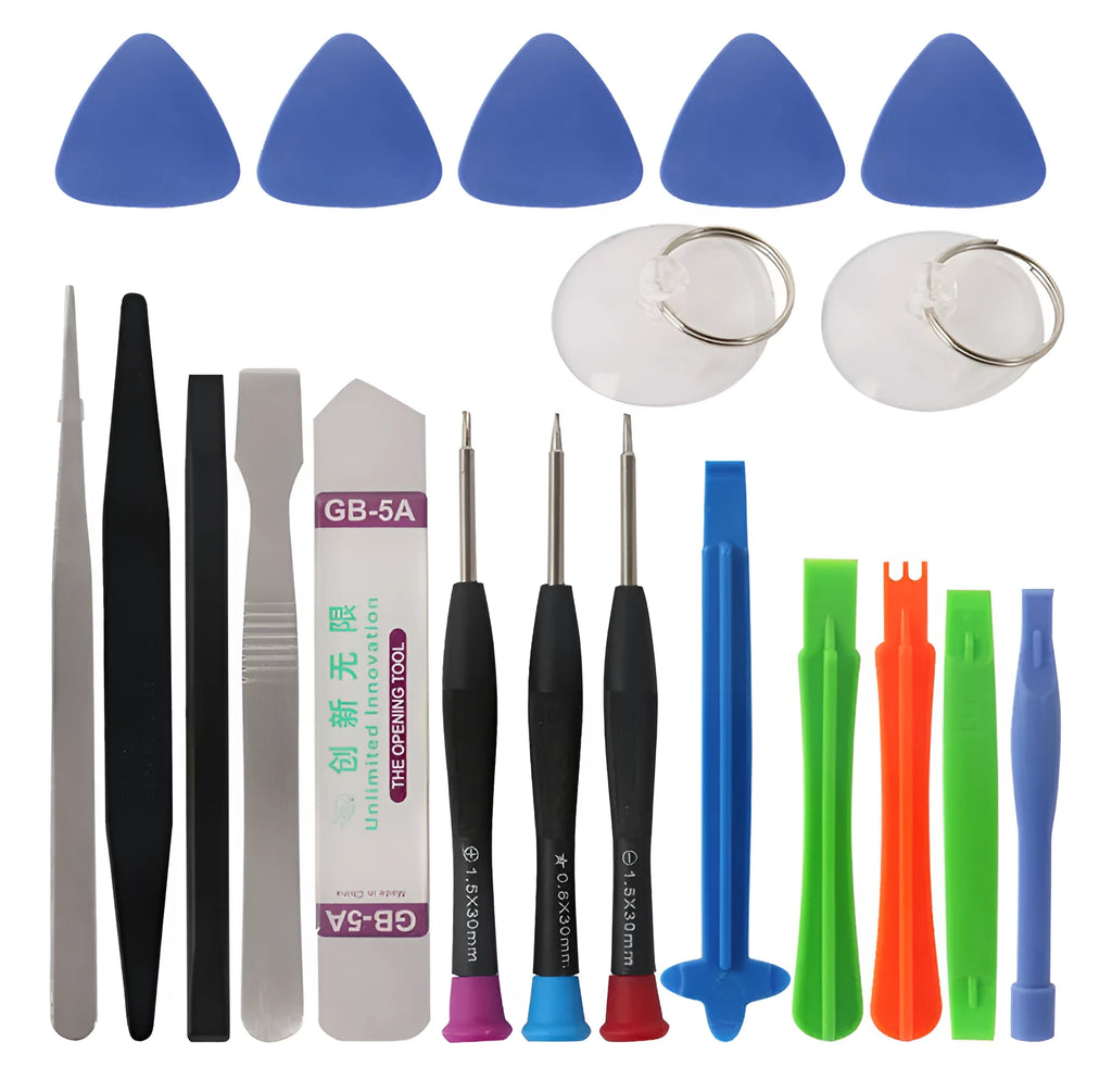 21 piece mobile phone disassembly tool kit with chrome vanadium steel screwdrivers and plastic spudgers on a flat surface