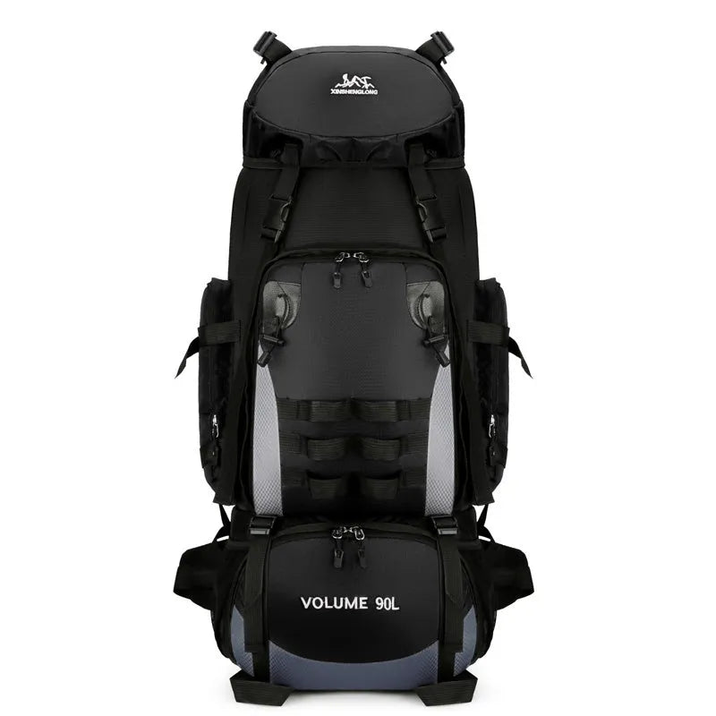 90L large capacity waterproof outdoor travel backpack for men in black, blue, and camouflage