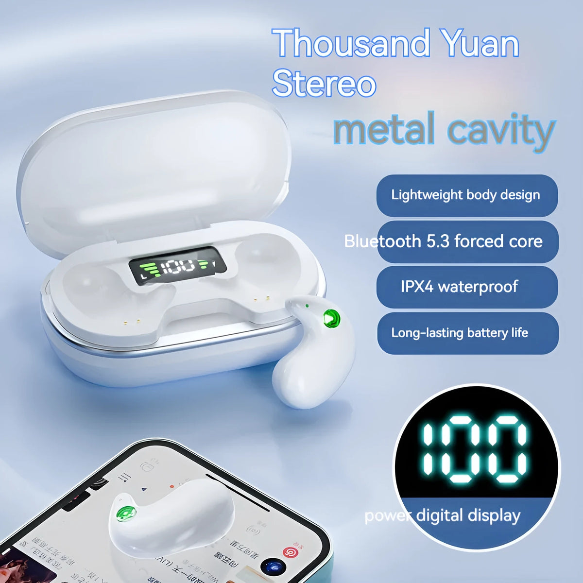 Wireless Bluetooth headset for sleep with digital display charging case, black and white colour options, PC ABS material