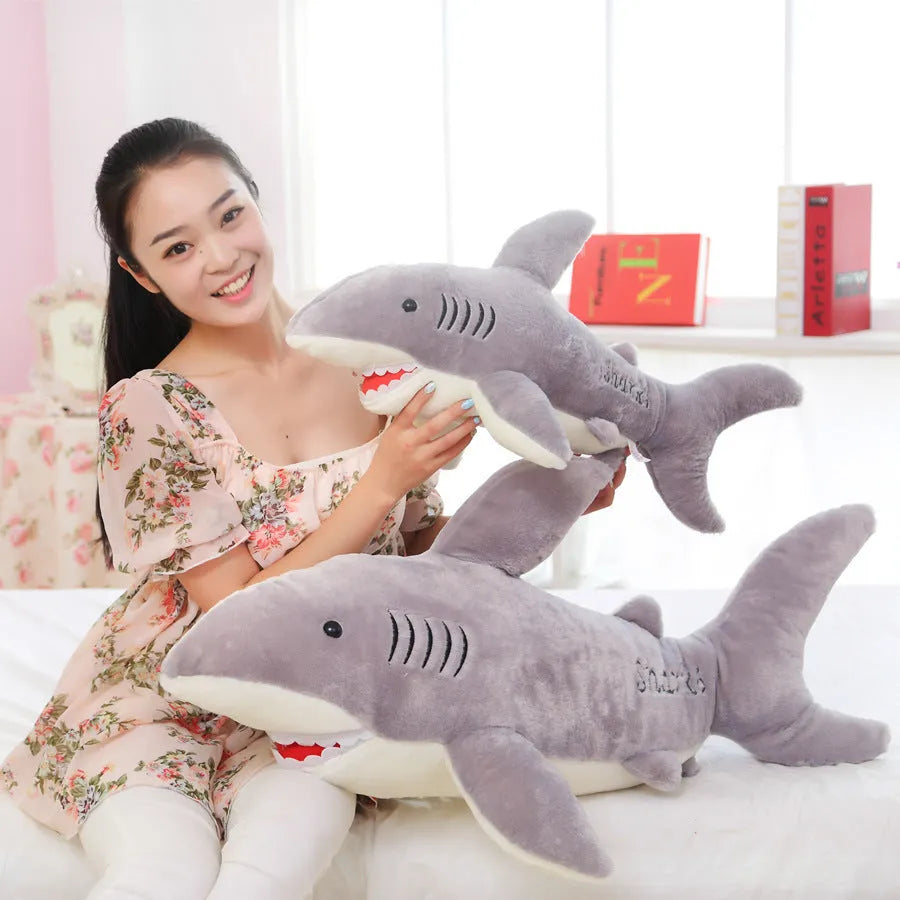 Grey shark plush toy 70cm long with short plush fabric and PP cotton filling, front view