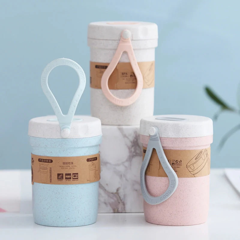 Portable wheat cup with silicone vent valve in Nordic blue, flour, and rice colours