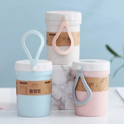 Portable wheat cup with silicone vent valve in Nordic blue, flour, and rice colours