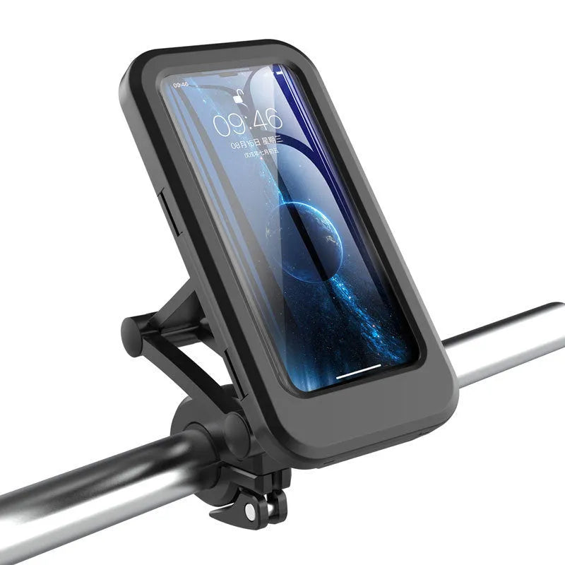 Black adjustable waterproof bicycle phone mount on a handlebar, showing three joints and magnetic phone attachment.
