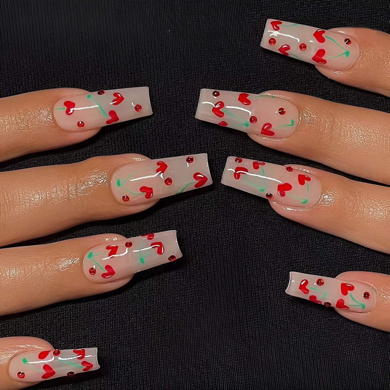 JP1601 French love pattern press-on nail stickers with red diamonds and small cherries