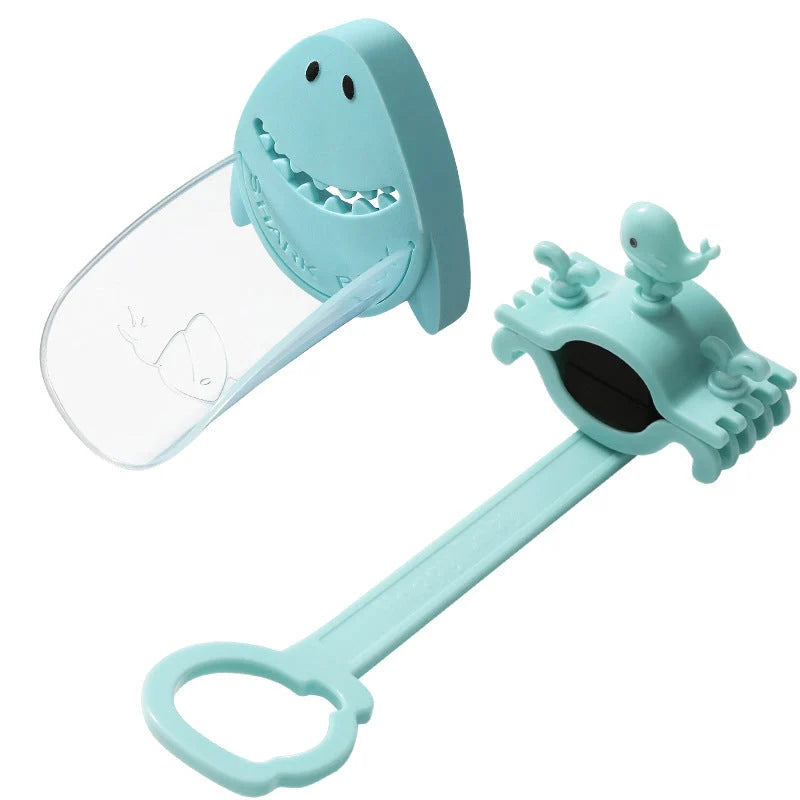 Children's faucet extender in blue, pink, and purple colours