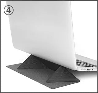 Blue foldable aluminium laptop cooling bracket open on a desk next to a laptop.