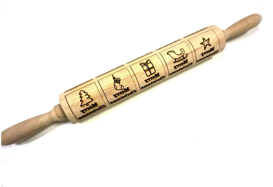 Wooden Christmas embossing rolling pin with non-stick surface for festive baking
