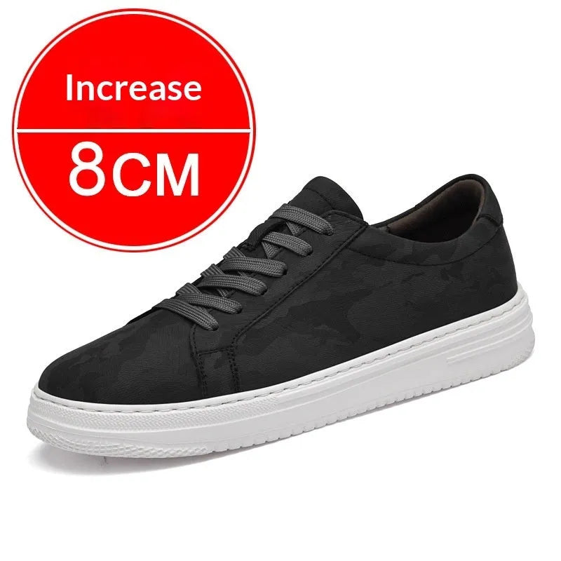 Men's white casual height increasing sneakers with hidden platform sole, low-top design, and lace-up closure