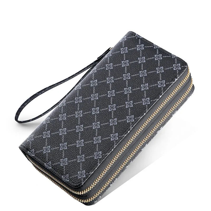 Long black PU leather wallet clutch with print detail showing mobile phone compartment and coin purse