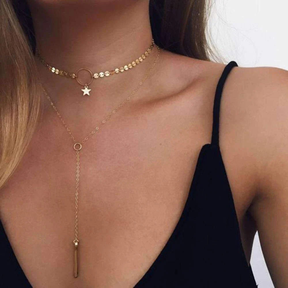Star Goddess Duo Layering Choker Necklace in gold and silver