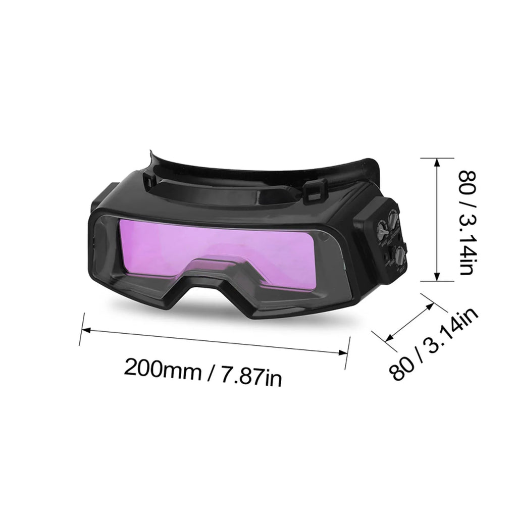 Black automatic changing light welding mask glasses showing large viewing area and headband