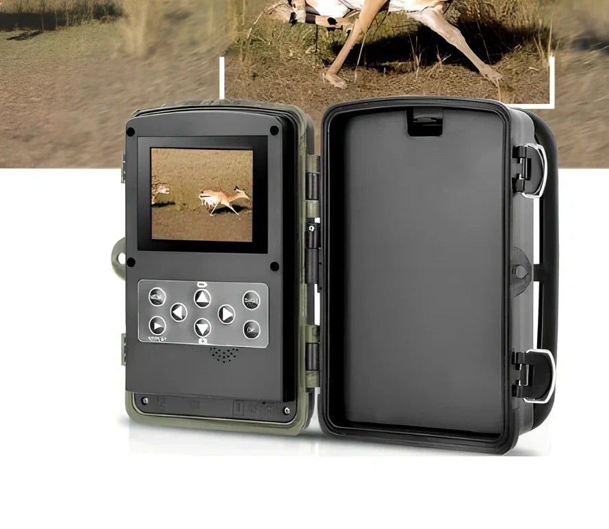 Military green Wild Hunting HD camera with 12x zoom lens and 2.0-inch LCD for trail and night use, 1080p resolution