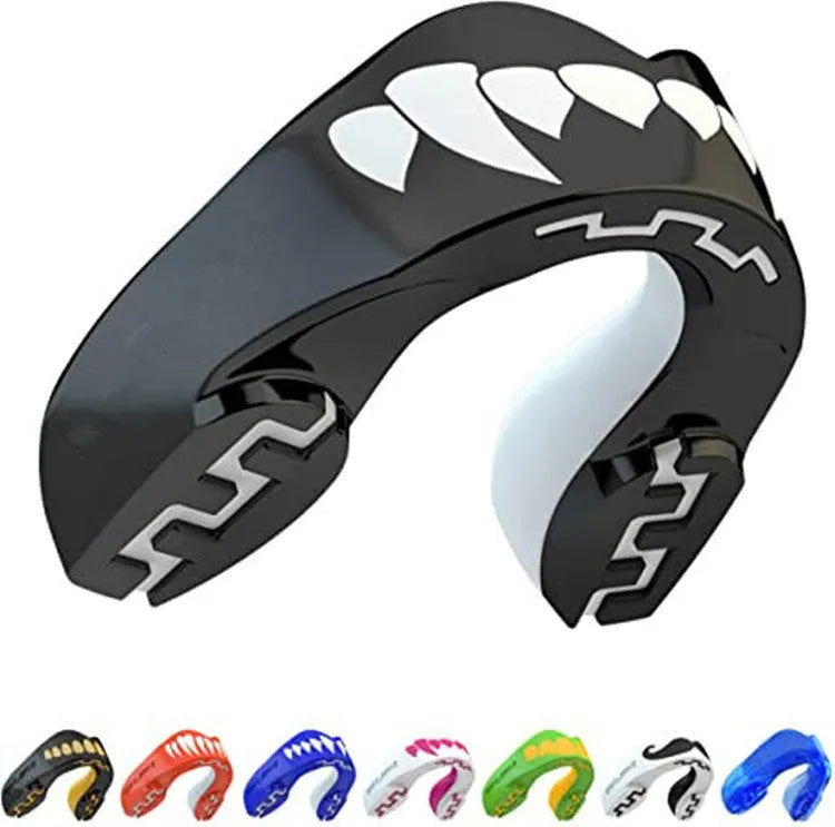Adult boxing sports mouthguard with printed teeth pattern in black and white colour