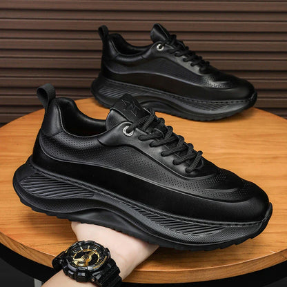 Stylish elevated sports sneakers for men with microfiber upper, PVC sole, and lace-up closure in black, beige, and beige black colors