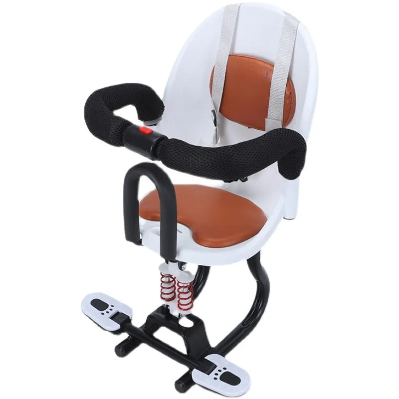 Front-mounted black child safety seat for a battery scooter with a high carbon steel frame.