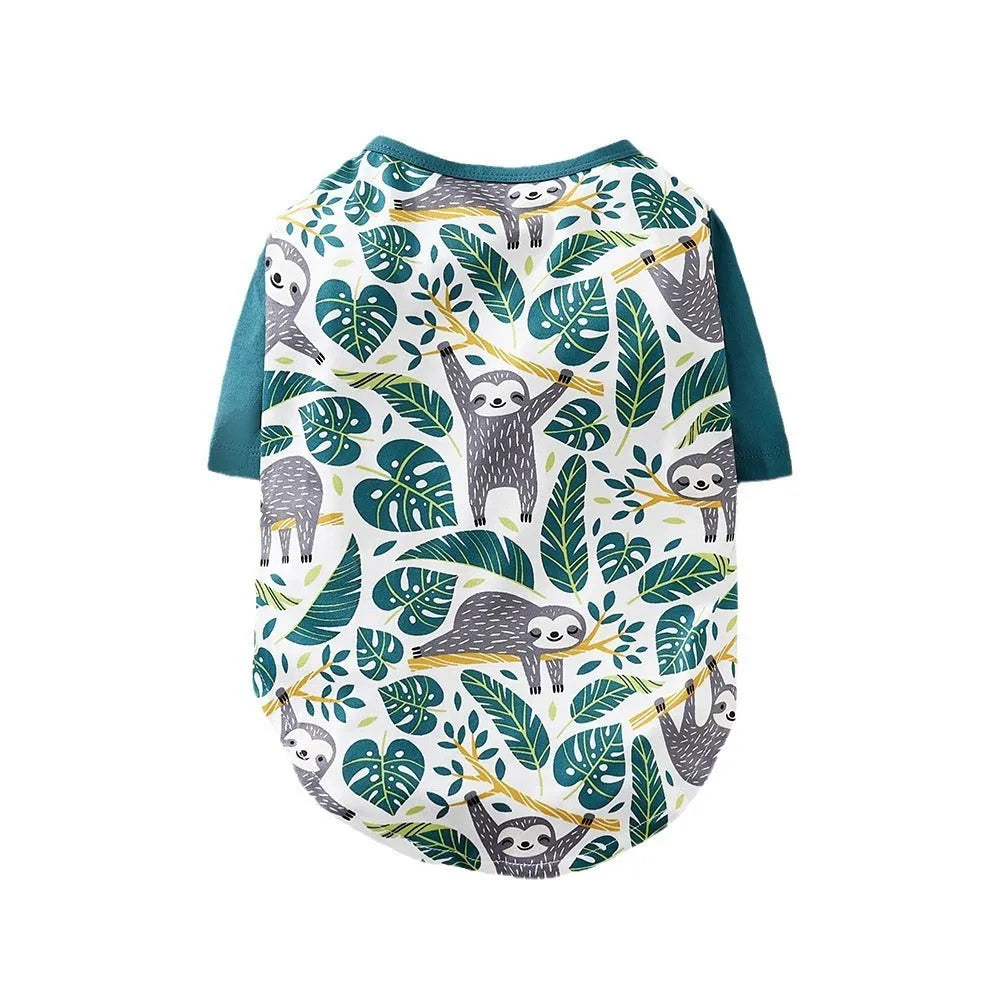 Full printed polyester casual t-shirt for small dogs in various colours with size chart showing bust and back length measurements