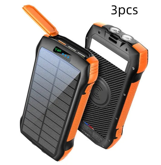 Portable 33500mAh solar power bank with waterproof plastic shell and LED light in black and orange colour