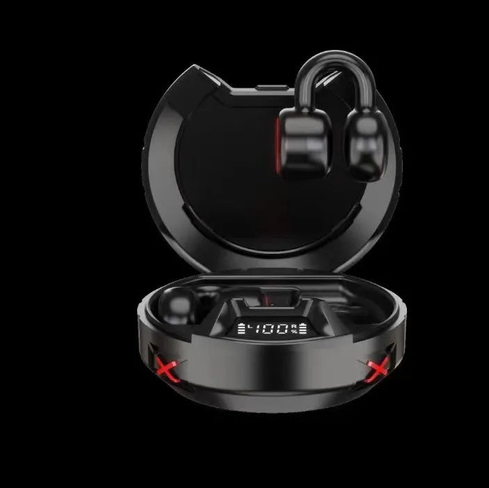 Wireless Bluetooth dual headphones in Classic Black with ear-mounted design and bilateral stereo