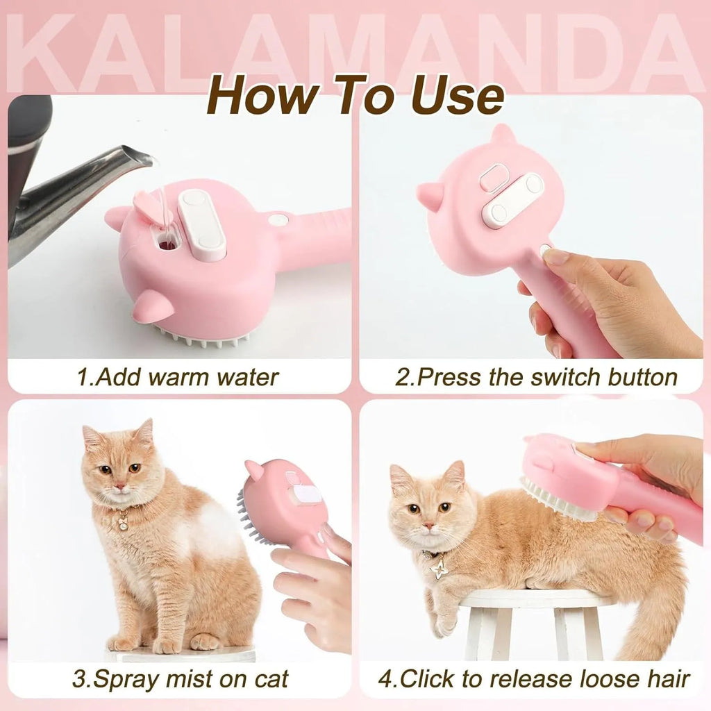 Blue pink yellow 4-in-1 pet steam brush with cat ear-shaped handle and release button