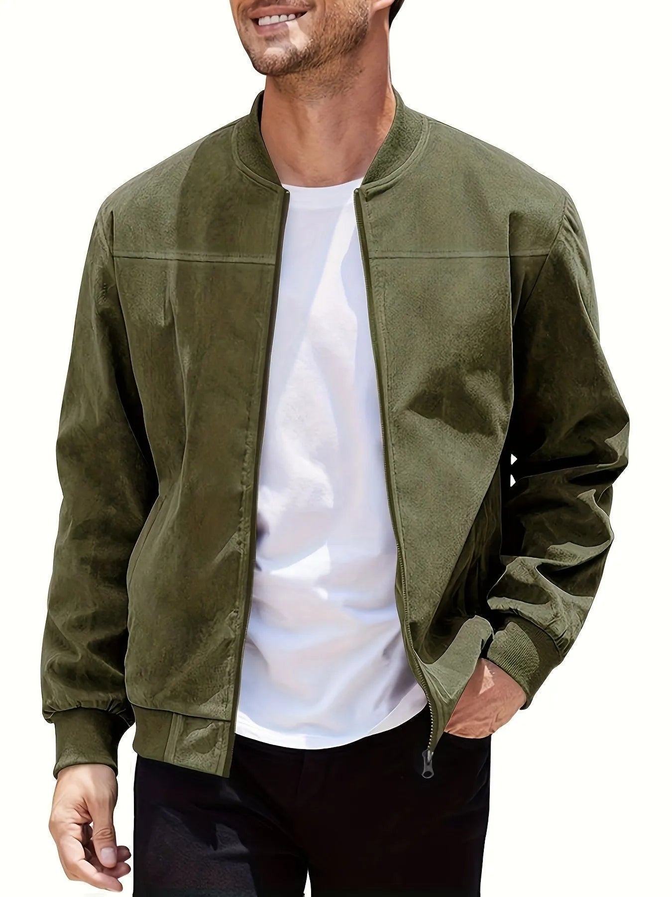 Men's plus size casual suede jacket in Army Green colour with a zipper front.