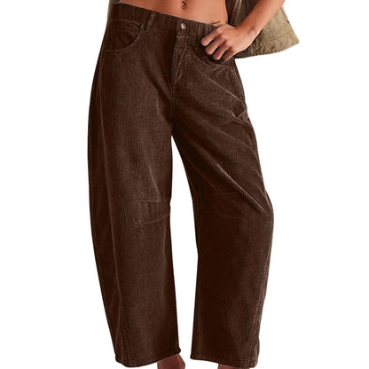 Women's straight-leg corduroy trousers in dark green with loose fit through hips and thighs