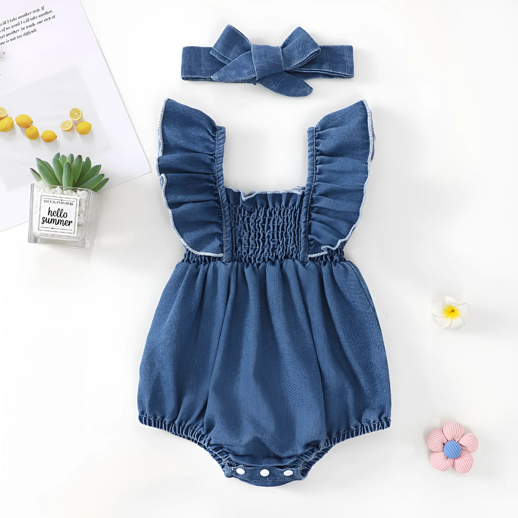 Blue denim ruffled romper with matching headscarf two-piece set for baby summer wear cotton fabric