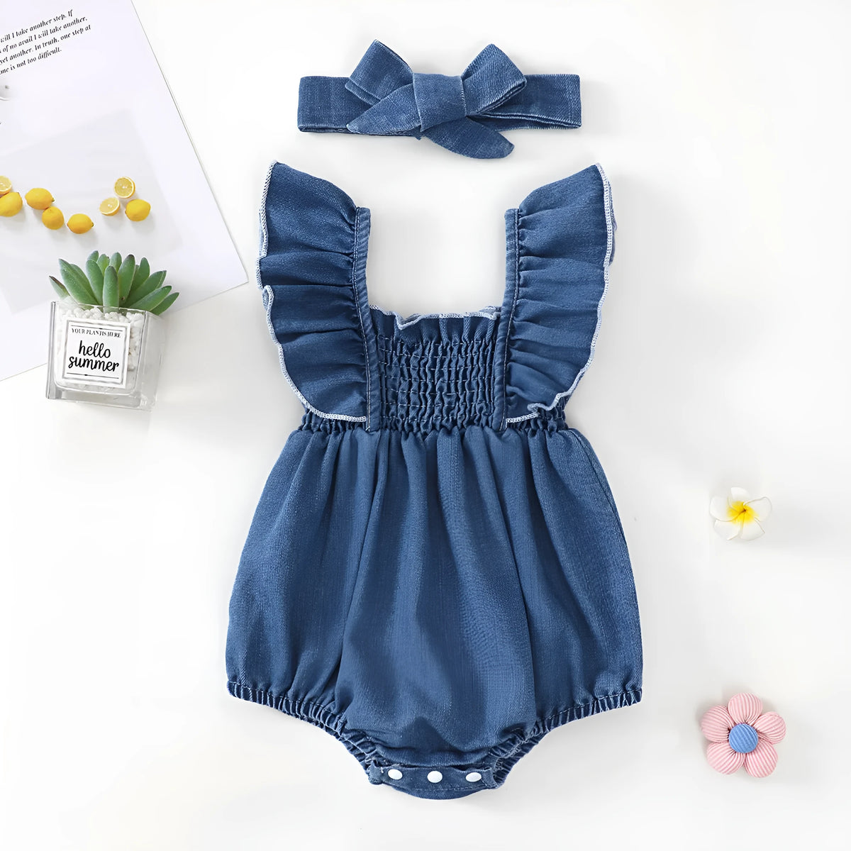 Blue denim ruffled romper with matching headscarf two-piece set for baby summer wear cotton fabric