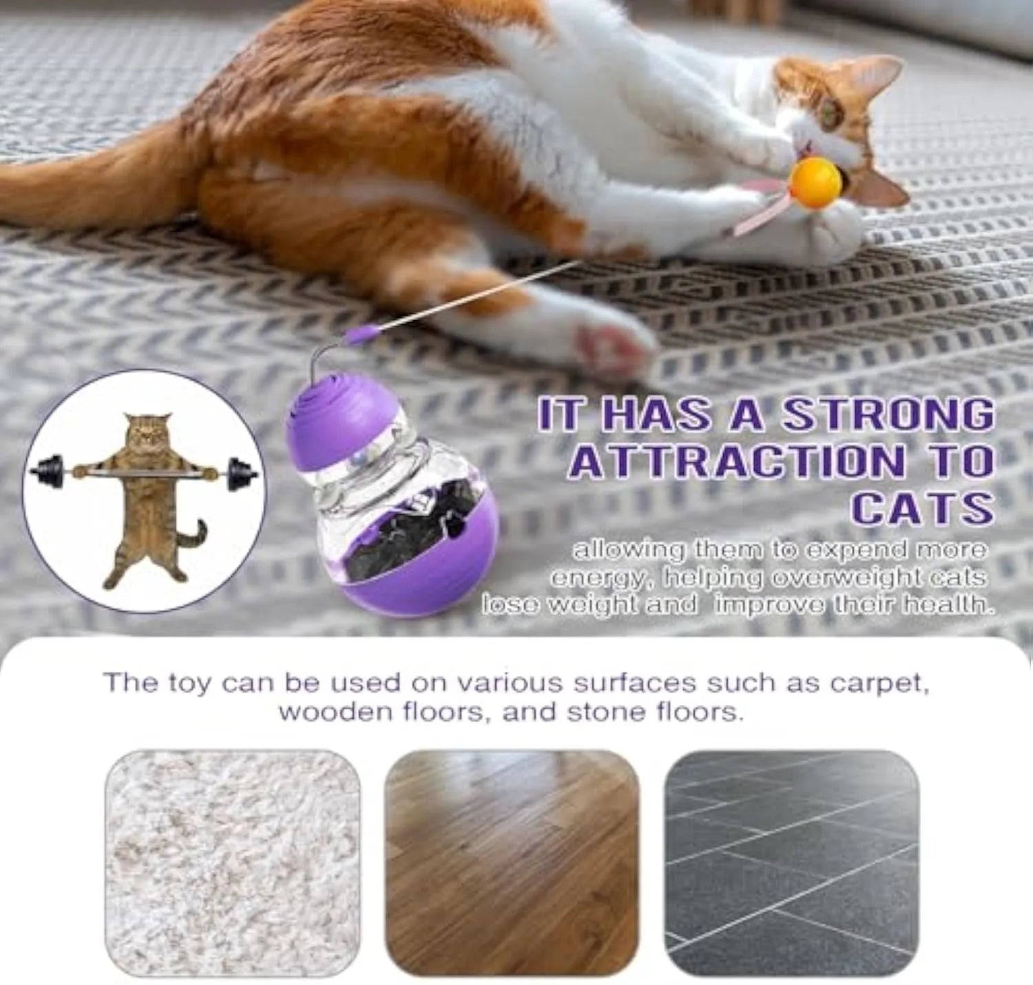 Colourful cat wand toy with ribbon ball teaser and rocking food dispenser base on a wooden floor.