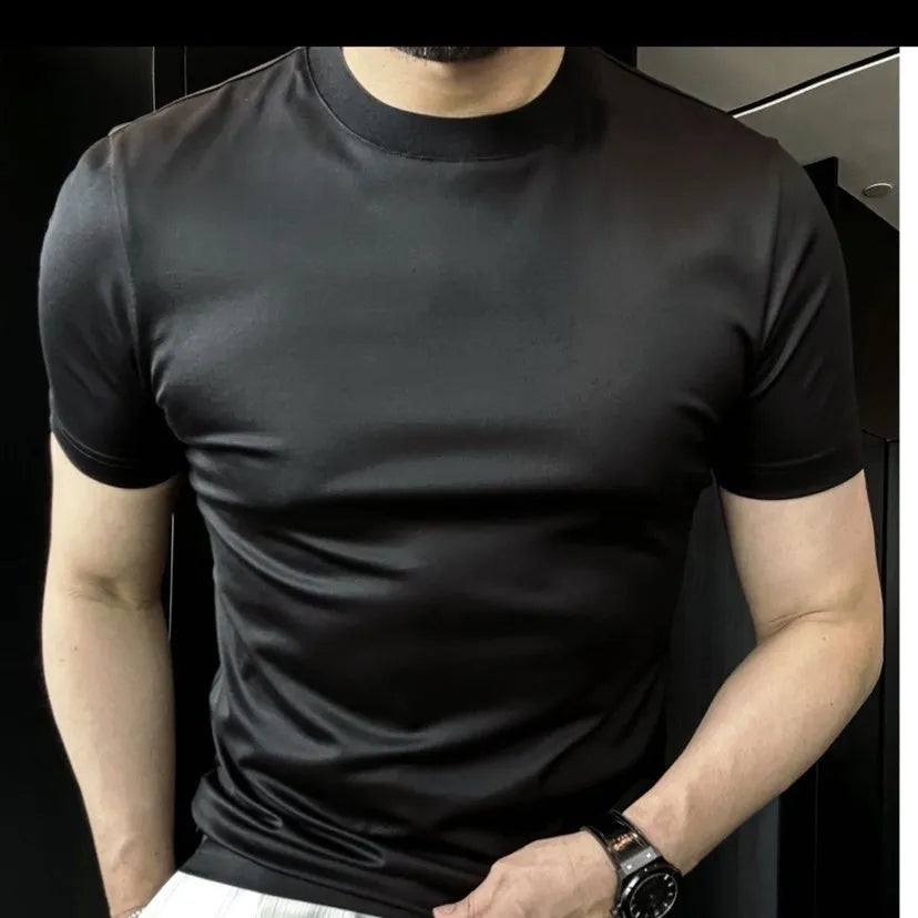 Ice Silk soft breathable round neck short sleeve T-shirt for men in black, dark gray, and light gray, sizes M to 4XL