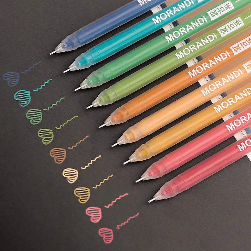 Set of nine 0.5mm needle-tip gel pens in a plastic storage case with Nordic, retro, salt, or sweet style colours.