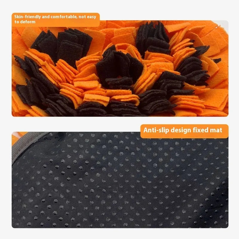 Orange pumpkin-shaped dog slow feeder mat with fleece texture on wooden floor